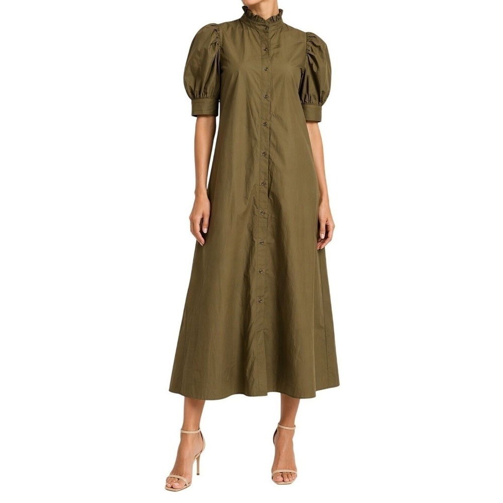 Hyacinth House Olive Green Cotton Maxi Dress Puff Sleeve Size XS